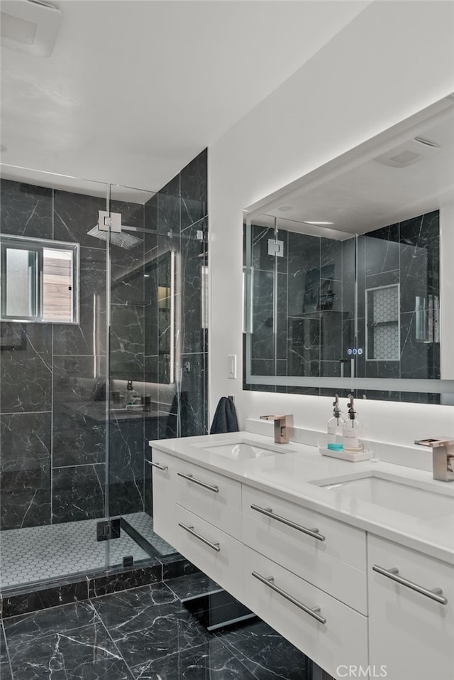 1954 Shipway Ave, Long Beach, CA 90815 - full bath with marble look tiles, double vanity, and a marble finish shower