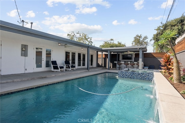 1954 Shipway Ave, Long Beach, CA 90815 - view of swimming pool with french doors, ceiling fan, a patio area, and a pool with connected hot tub