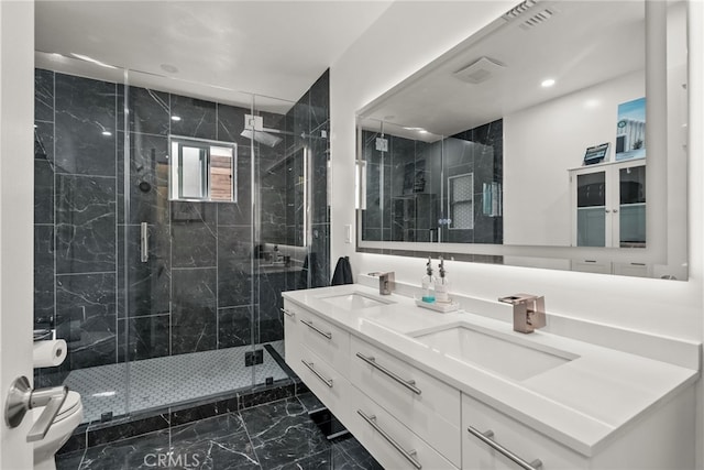 1954 Shipway Ave, Long Beach, CA 90815 - bathroom featuring marble finish flooring, double vanity, a marble finish shower, and recessed lighting