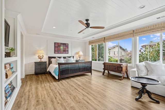 196 Coral Cove Way, Encinitas, CA 92024 - bedroom featuring a raised ceiling, multiple windows, light wood-style flooring, recessed lighting, and ceiling fan