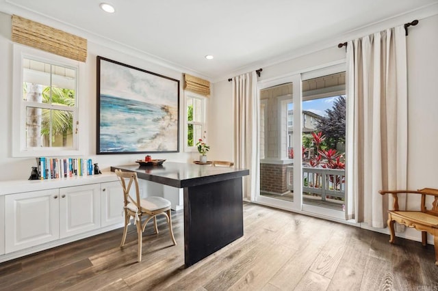 196 Coral Cove Way, Encinitas, CA 92024 - office area featuring wood finished floors, ornamental molding, and recessed lighting