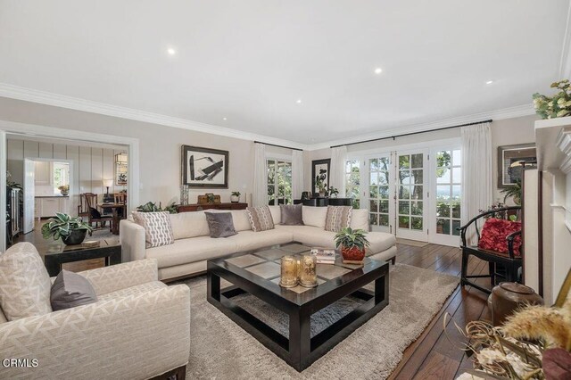 320 N San Rafael Ave, Pasadena, CA 91105 - living room featuring french doors, ornamental molding, wood finished floors, and recessed lighting