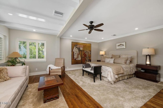 320 N San Rafael Ave, Pasadena, CA 91105 - bedroom with wood finished floors, recessed lighting, crown molding, and a ceiling fan