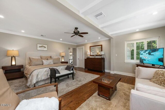 320 N San Rafael Ave, Pasadena, CA 91105 - bedroom with recessed lighting, wood finished floors, ornamental molding, beam ceiling, and a ceiling fan