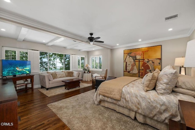 320 N San Rafael Ave, Pasadena, CA 91105 - bedroom featuring dark wood-style flooring, recessed lighting, beam ceiling, crown molding, and ceiling fan