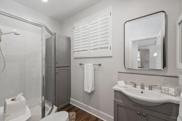 320 N San Rafael Ave, Pasadena, CA 91105 - full bathroom with a stall shower, wood finished floors, vanity, and tasteful backsplash