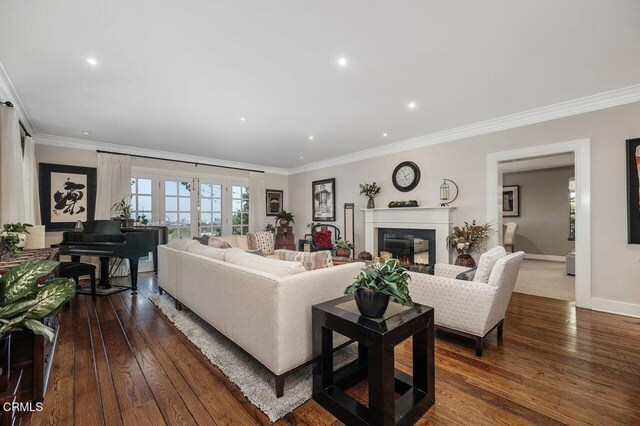 320 N San Rafael Ave, Pasadena, CA 91105 - living area featuring crown molding, french doors, dark wood-style flooring, a lit fireplace, and recessed lighting
