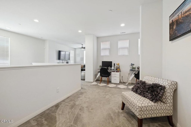113 Azalea St, Fillmore, CA 93015 - living area with an office area, carpet, recessed lighting, and ceiling fan