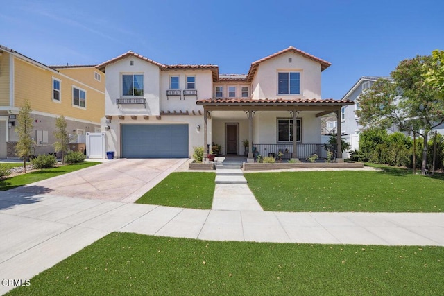 113 Azalea St, Fillmore, CA 93015 - mediterranean / spanish-style house with covered porch, stucco siding, a front yard, an attached garage, and concrete driveway