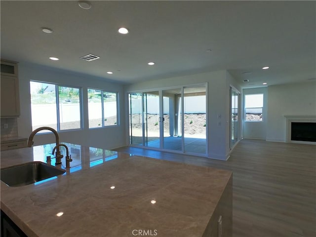39460 Chamise St, Temecula, CA 92591 - kitchen featuring open floor plan, healthy amount of natural light, recessed lighting, light stone counters, and wood finished floors