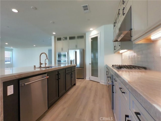 39460 Chamise St, Temecula, CA 92591 - kitchen featuring appliances with stainless steel finishes, under cabinet range hood, light wood-style flooring, a center island with sink, and backsplash