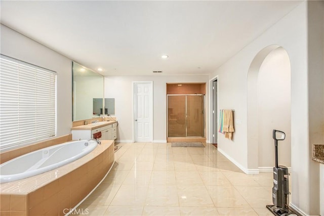 190 Cross Rail Ln, Norco, CA 92860 - full bath with vanity, a garden tub, a stall shower, and recessed lighting