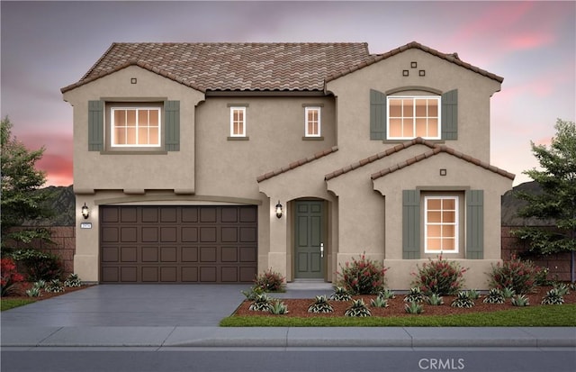 4249 Ladrillo St, Lake Elsinore, CA 92530 - mediterranean / spanish-style home with a tiled roof, stucco siding, an attached garage, and concrete driveway