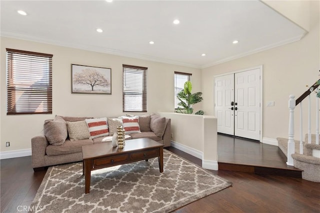 36 Via Tronido, Rancho Santa Margarita, CA 92688 - living area with ornamental molding, dark wood-style flooring, stairway, and recessed lighting