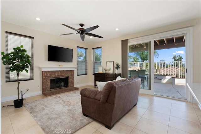 36 Via Tronido, Rancho Santa Margarita, CA 92688 - living area with ceiling fan, light tile patterned floors, recessed lighting, and a brick fireplace