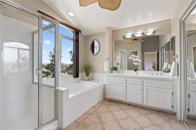 36 Via Tronido, Rancho Santa Margarita, CA 92688 - bathroom with a ceiling fan, a stall shower, a garden tub, and vaulted ceiling