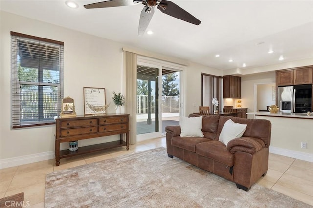 36 Via Tronido, Rancho Santa Margarita, CA 92688 - living room with light tile patterned flooring, a ceiling fan, and recessed lighting