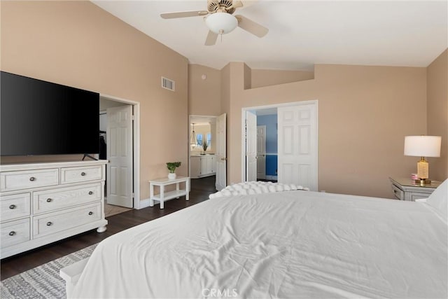 36 Via Tronido, Rancho Santa Margarita, CA 92688 - bedroom featuring lofted ceiling, dark wood-type flooring, ensuite bath, and a ceiling fan