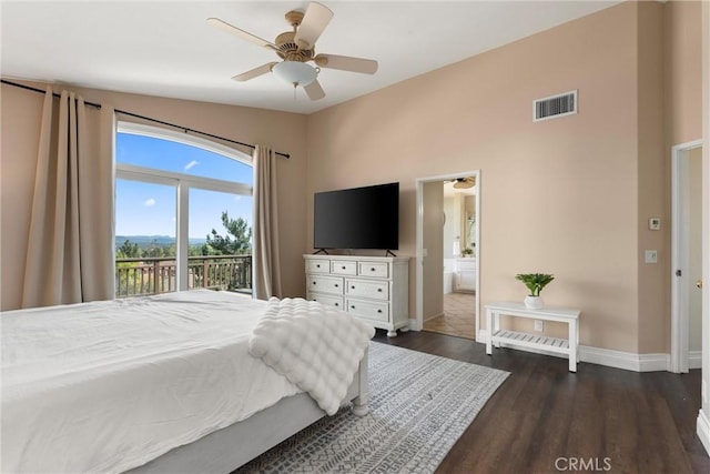 36 Via Tronido, Rancho Santa Margarita, CA 92688 - bedroom featuring lofted ceiling, access to exterior, dark wood finished floors, and ceiling fan