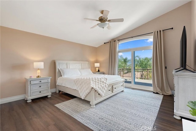 36 Via Tronido, Rancho Santa Margarita, CA 92688 - bedroom featuring vaulted ceiling, access to exterior, dark wood finished floors, and ceiling fan