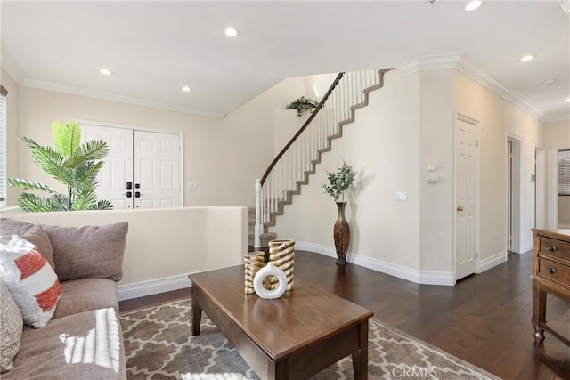 36 Via Tronido, Rancho Santa Margarita, CA 92688 - living room with stairway, wood-type flooring, recessed lighting, and crown molding
