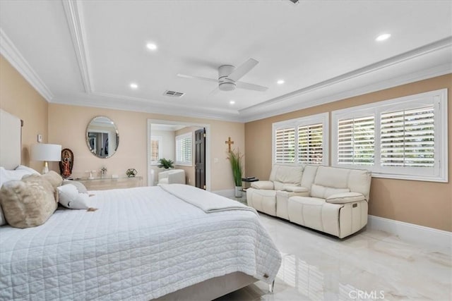 10920 Beechwood Dr, Rancho Cucamonga, CA 91737 - bedroom featuring multiple windows, ornamental molding, recessed lighting, and ceiling fan