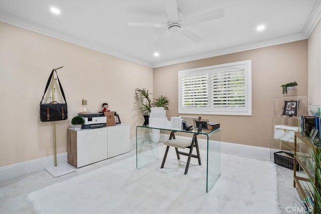 10920 Beechwood Dr, Rancho Cucamonga, CA 91737 - office featuring crown molding, ceiling fan, and recessed lighting