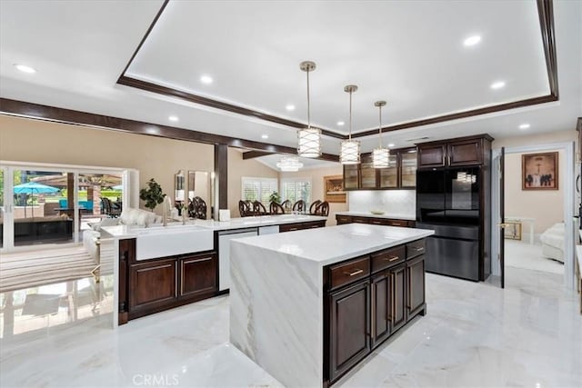 10920 Beechwood Dr, Rancho Cucamonga, CA 91737 - kitchen featuring freestanding refrigerator, a large island, a raised ceiling, stainless steel dishwasher, and recessed lighting