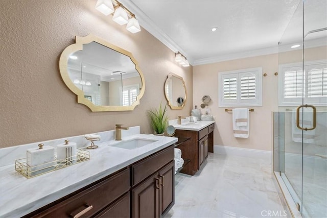 10920 Beechwood Dr, Rancho Cucamonga, CA 91737 - bathroom with two vanities, a stall shower, ornamental molding, marble finish flooring, and a textured wall