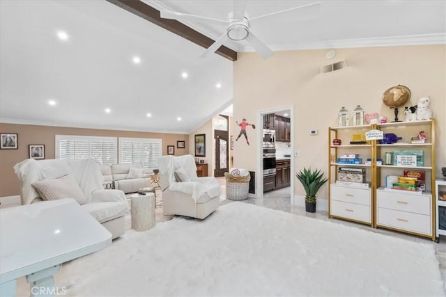 10920 Beechwood Dr, Rancho Cucamonga, CA 91737 - living room featuring crown molding, ceiling fan, and recessed lighting