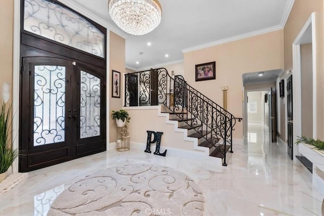 10920 Beechwood Dr, Rancho Cucamonga, CA 91737 - foyer entrance featuring marble tiled flooring, ornamental molding, french doors, a chandelier, and stairway