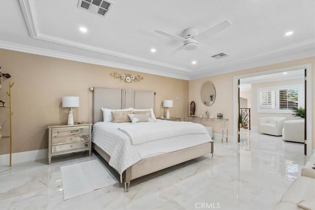 10920 Beechwood Dr, Rancho Cucamonga, CA 91737 - bedroom featuring light marble finish flooring, ornamental molding, recessed lighting, and ceiling fan
