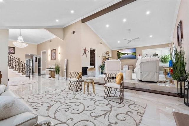 10920 Beechwood Dr, Rancho Cucamonga, CA 91737 - living area with ornamental molding, stairs, a ceiling fan, recessed lighting, and high vaulted ceiling