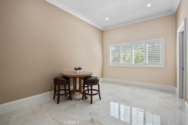 10920 Beechwood Dr, Rancho Cucamonga, CA 91737 - dining room featuring marble tiled flooring, crown molding, and recessed lighting