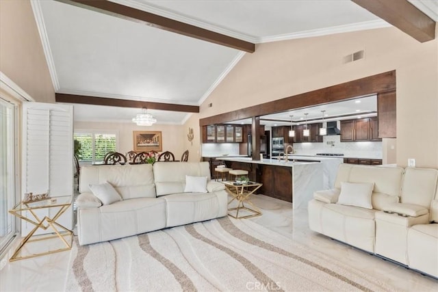 10920 Beechwood Dr, Rancho Cucamonga, CA 91737 - living room with ornamental molding and light marble finish flooring