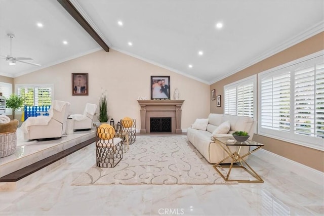 10920 Beechwood Dr, Rancho Cucamonga, CA 91737 - living room with marble tiled flooring, ceiling fan, a fireplace, recessed lighting, and ornamental molding