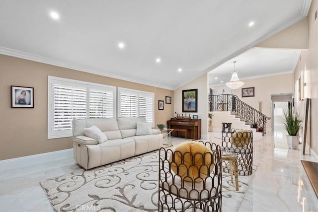10920 Beechwood Dr, Rancho Cucamonga, CA 91737 - living room with light marble finish flooring, stairs, crown molding, and recessed lighting