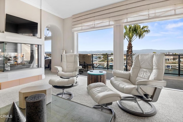 1758 Emerald Isle Way, Oxnard, CA 93035 - living area featuring carpet, arched walkways, and vaulted ceiling