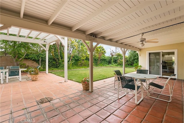 6636 Wooster Ave, Los Angeles, CA 90056 - fenced backyard featuring outdoor dining space, a pergola, a patio, and ceiling fan