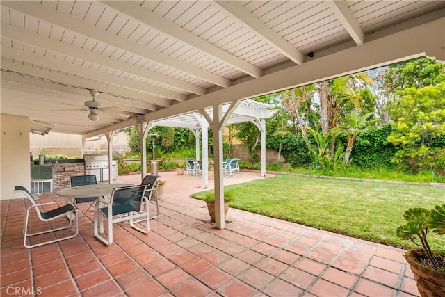 6636 Wooster Ave, Los Angeles, CA 90056 - view of patio featuring outdoor dining space, area for grilling, ceiling fan, and a pergola