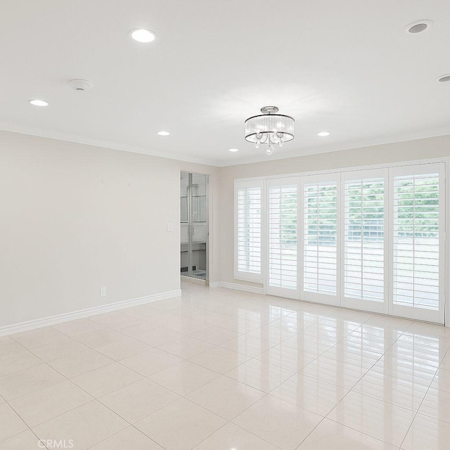 6636 Wooster Ave, Los Angeles, CA 90056 - unfurnished room with ornamental molding, healthy amount of natural light, recessed lighting, a chandelier, and light tile patterned flooring