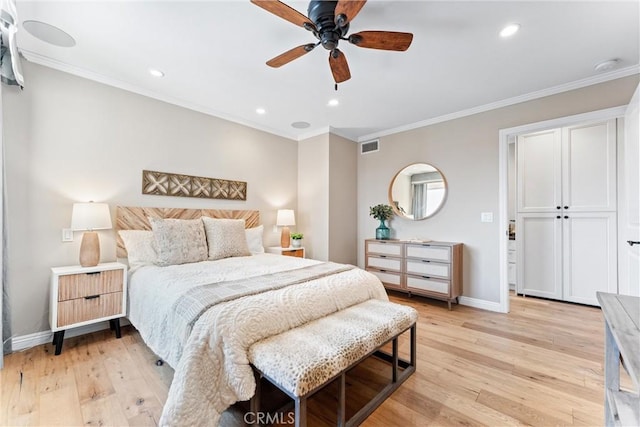 201 Bay Shore Ave Unit 305, Long Beach, CA 90803 - bedroom featuring light wood-style flooring, ornamental molding, recessed lighting, and ceiling fan