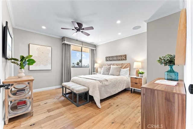 201 Bay Shore Ave Unit 305, Long Beach, CA 90803 - bedroom featuring light wood finished floors, ornamental molding, recessed lighting, and a ceiling fan