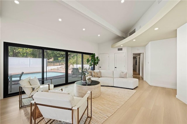 2414 Las Positas Rd, Glendale, CA 91208 - living area with recessed lighting, beamed ceiling, light wood finished floors, and high vaulted ceiling