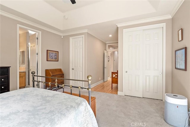 17 Arminta Ct, Chico, CA 95928 - bedroom with light colored carpet, crown molding, ensuite bath, recessed lighting, and ceiling fan