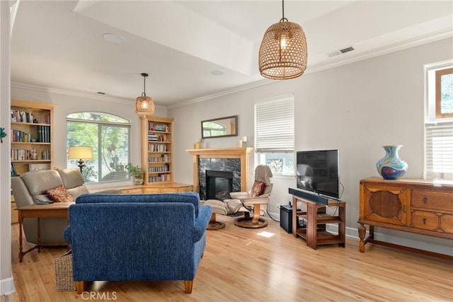 17 Arminta Ct, Chico, CA 95928 - living room with a high end fireplace, light wood-type flooring, crown molding, and plenty of natural light