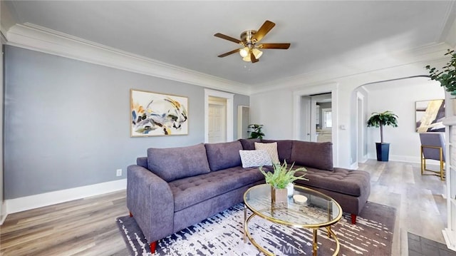 243 N Verdugo Rd, Glendale, CA 91206 - living room featuring ceiling fan, wood finished floors, and ornamental molding