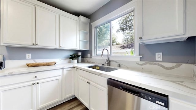 243 N Verdugo Rd, Glendale, CA 91206 - kitchen featuring stainless steel dishwasher, white cabinetry, light stone counters, and open shelves