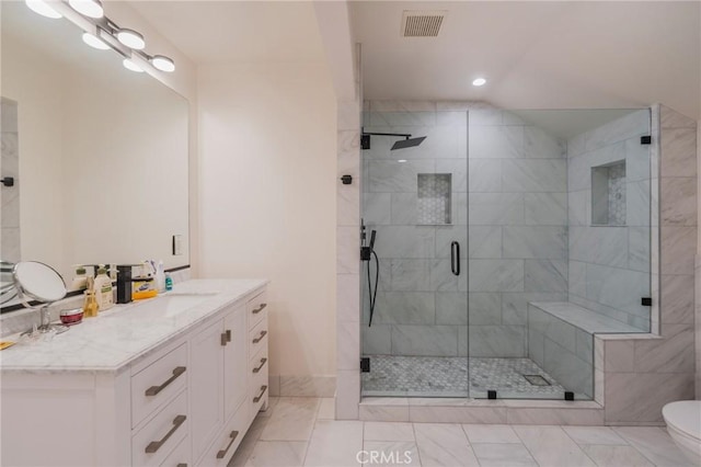 15541 Aqua Verde Dr, Los Angeles, CA 90077 - full bathroom with vanity, a shower stall, and recessed lighting