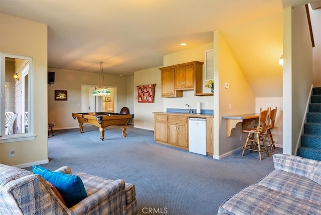 8412 Alta Vista Ave, Atascadero, CA 93422 - carpeted living room featuring billiards table and stairway